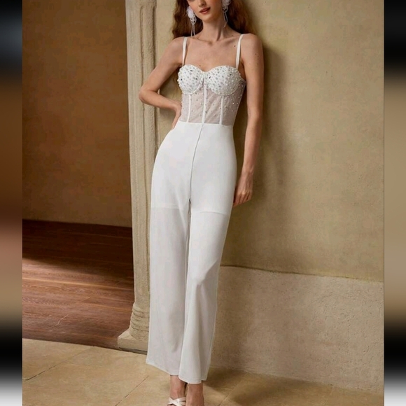 FAUX PEARL BONED CAMI JUMPSUIT - Picture 2 of 5